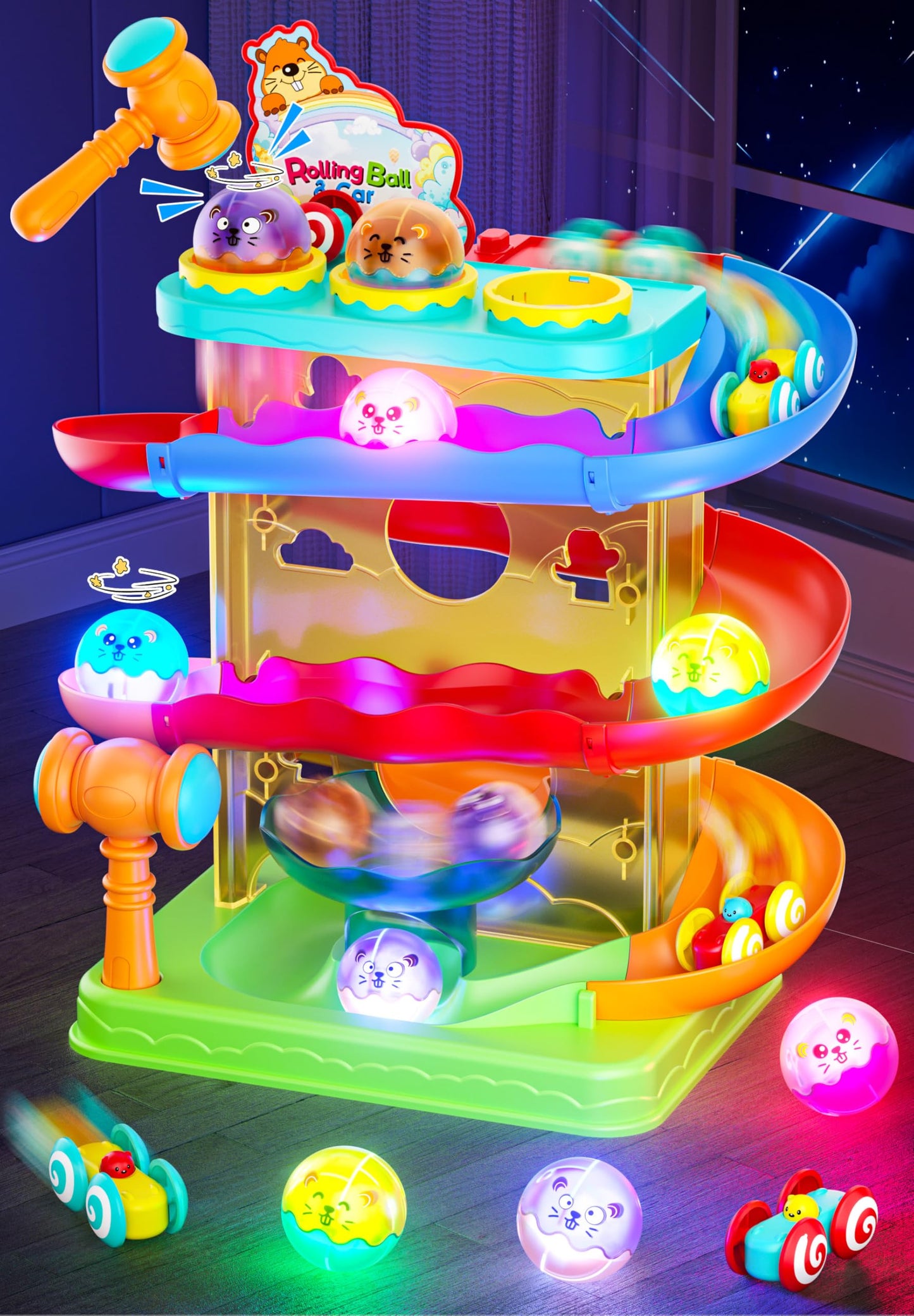 2-in-1 Rolling Ball & Car Ramp Race Track for Toddlers, Hammer Ball Drop Toy for Boys & Girls, Interactive Playset w/Sensor Lights - Montessori STEM Learning Toys for Kids 1-5+ Year Old