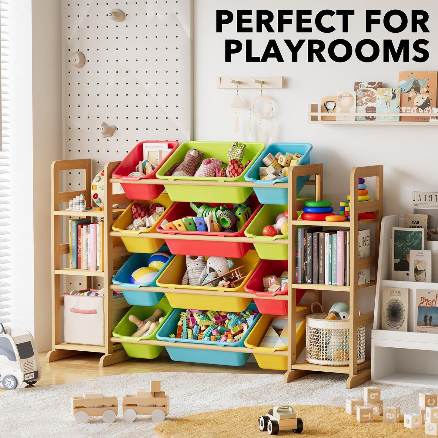 SpaceAid Toy Storage Organizer with 6 Shelves and 12 Bins, Bookshelf/Bookcase, Kids Bin Shelf, Toys Box for Playroom Organization for Bedroom & Room Decor, White, 52.3" W