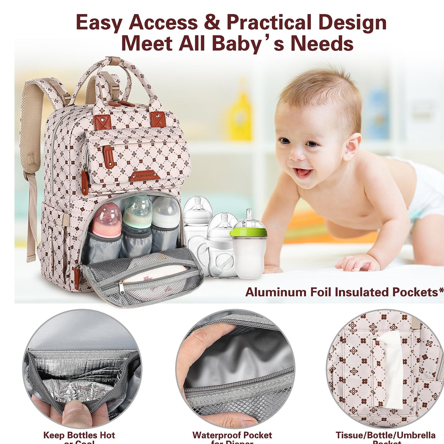 Diaper Bag Backpack, Baby Girl Diaper Bag for Mom, Large Pink Floral Diaper Bag Backpack for Girls, Waterproof Mom Backpack for Work Travel Holiday with Insulated Pockets and Stroller Straps