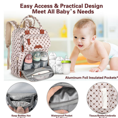 Diaper Bag Backpack, Baby Girl Diaper Bag for Mom, Large Pink Floral Diaper Bag Backpack for Girls, Waterproof Mom Backpack for Work Travel Holiday with Insulated Pockets and Stroller Straps