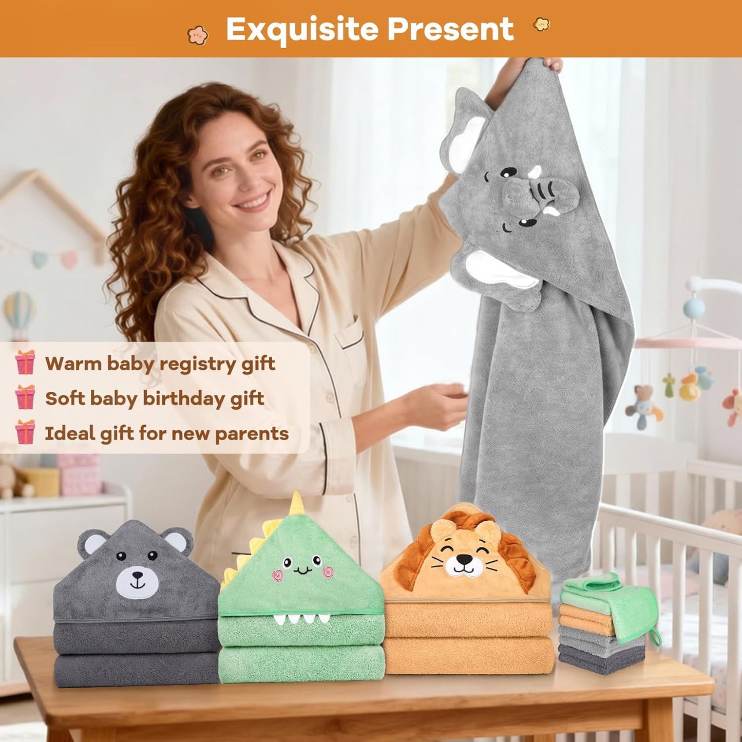 12 PCS Baby Bath Towels Set for Infants Toddlers, 4 PCS Animal Hooded Baby Towels & 8 PCS Washcloths Set, Ultra Absorbent Cute Soft Newborn Bath Essentials Gifts for Boys & Girls