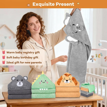12 PCS Baby Bath Towels Set for Infants Toddlers, 4 PCS Animal Hooded Baby Towels & 8 PCS Washcloths Set, Ultra Absorbent Cute Soft Newborn Bath Essentials Gifts for Boys & Girls