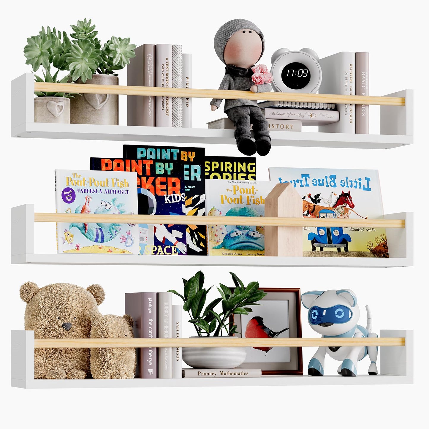 Fixwal Nursery Book Shelves, 16.5 Inch Floating Bookshelves for Wall Set of 3, Baby Nursery Decor, Solid Wood Wall Mounted Shelves for Books, Toys and Decor Storage (Brown)