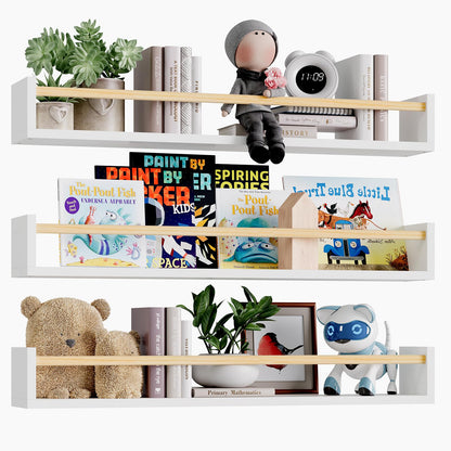 Fixwal Nursery Book Shelves, 16.5 Inch Floating Bookshelves for Wall Set of 3, Baby Nursery Decor, Solid Wood Wall Mounted Shelves for Books, Toys and Decor Storage (Brown)