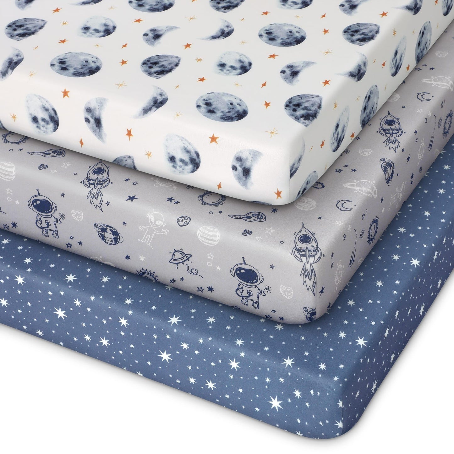 Unnivoll Baby Crib Sheets for Boys Girls, 28x52x8in Fitted Crib Sheet Neutral 3 Pack for Standard Crib and Toddler Mattress, Breathable Soft Microfiber Baby Sheet Blue Gray Planet