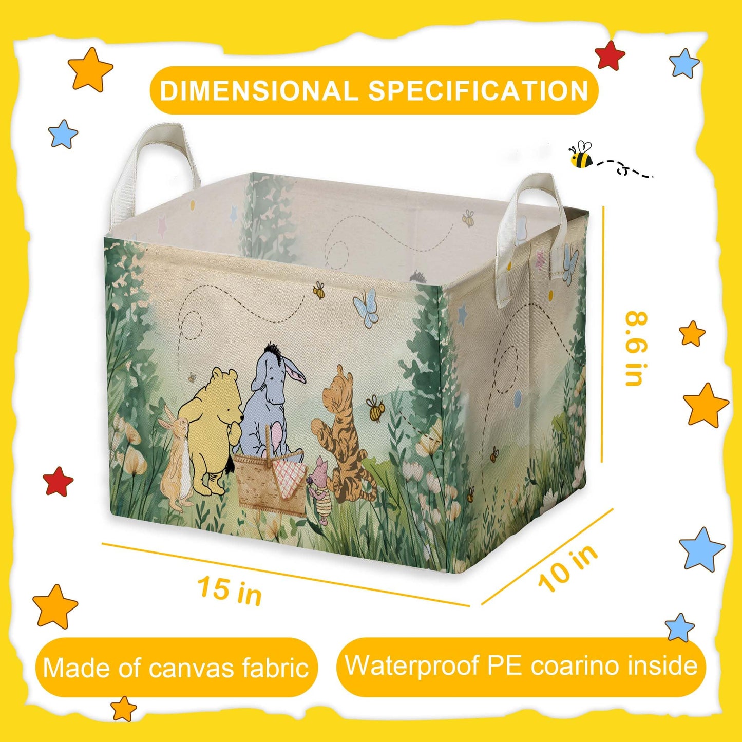 Winnie Nursery Decor, the Pooh Baby Stuff, Winnie Storage Nursery Basket, Large squarecanvas Laundry Hamper With A Waterproof PECoating, Foldable, Toys Bin, Baby Nursery HamperDecor, Star