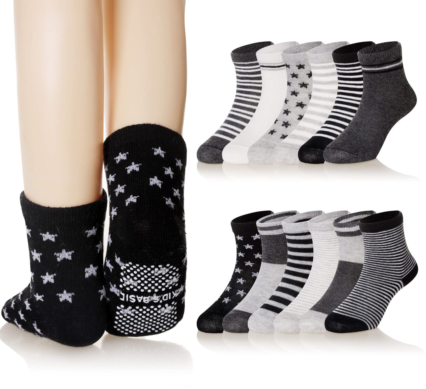 Toddler Non Slip Grips Socks Kids Anti Skid Baby Boys Girls Cotton Crew Socks 12 Pairs