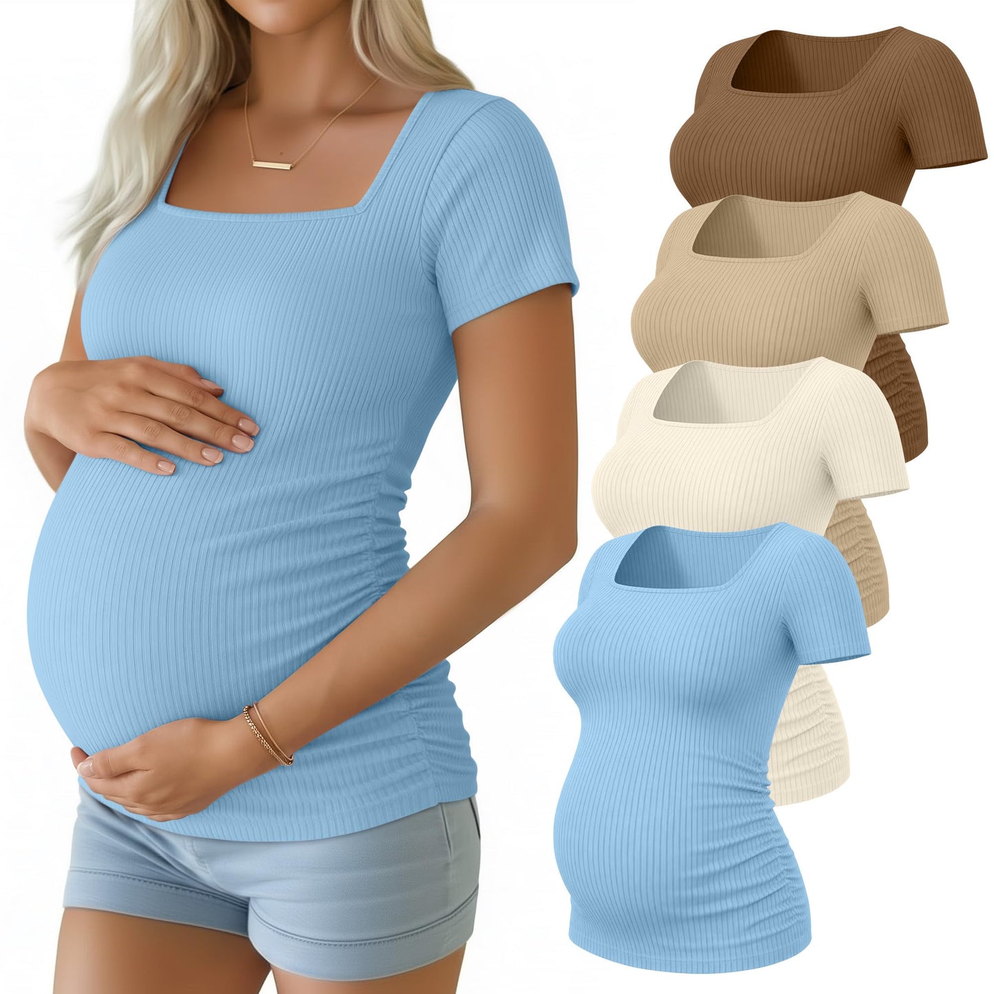 Huukeay 4 Pack Women's Maternity Shirts Cotton Ribbed Short Sleeve Square Neck Pregnancy Tops Side Ruched Summer Tee