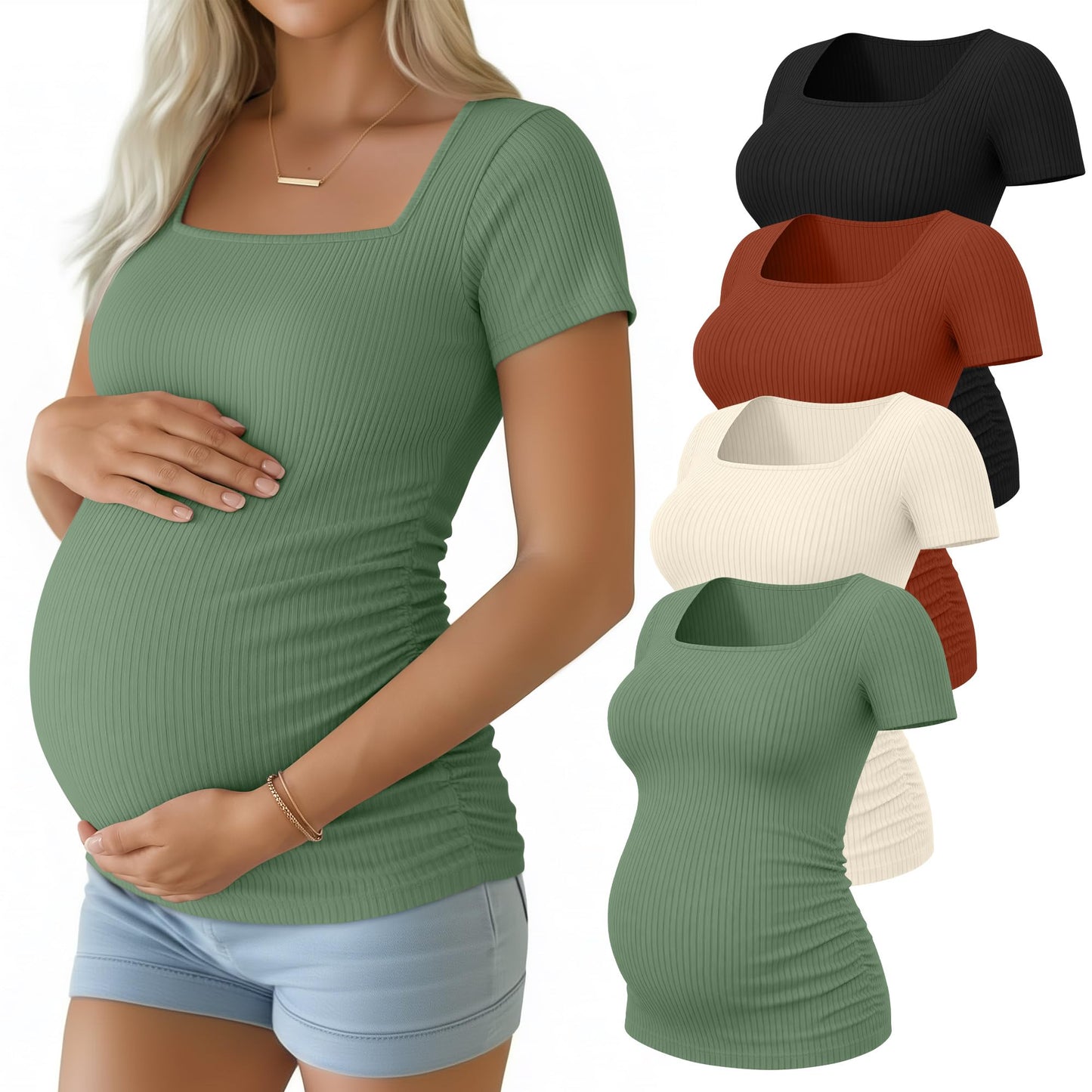 Huukeay 4 Pack Women's Maternity Shirts Cotton Ribbed Short Sleeve Square Neck Pregnancy Tops Side Ruched Summer Tee