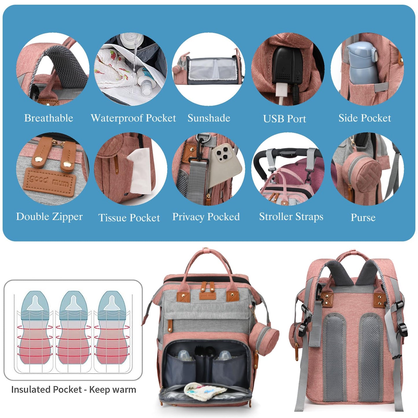 Jeryswet Baby Diaper Bags with Changing Station, Waterproof Large Capacity Diaper Bag Backpack for Moms Dads with USB Charging Port and Stroller Straps, Baby Shower Gifts, Grey