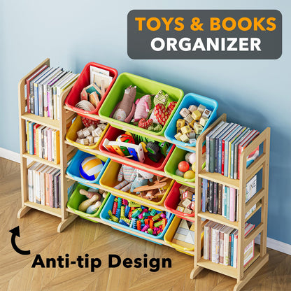 SpaceAid Toy Storage Organizer with 6 Shelves and 12 Bins, Bookshelf/Bookcase, Kids Bin Shelf, Toys Box for Playroom Organization for Bedroom & Room Decor, White, 52.3" W