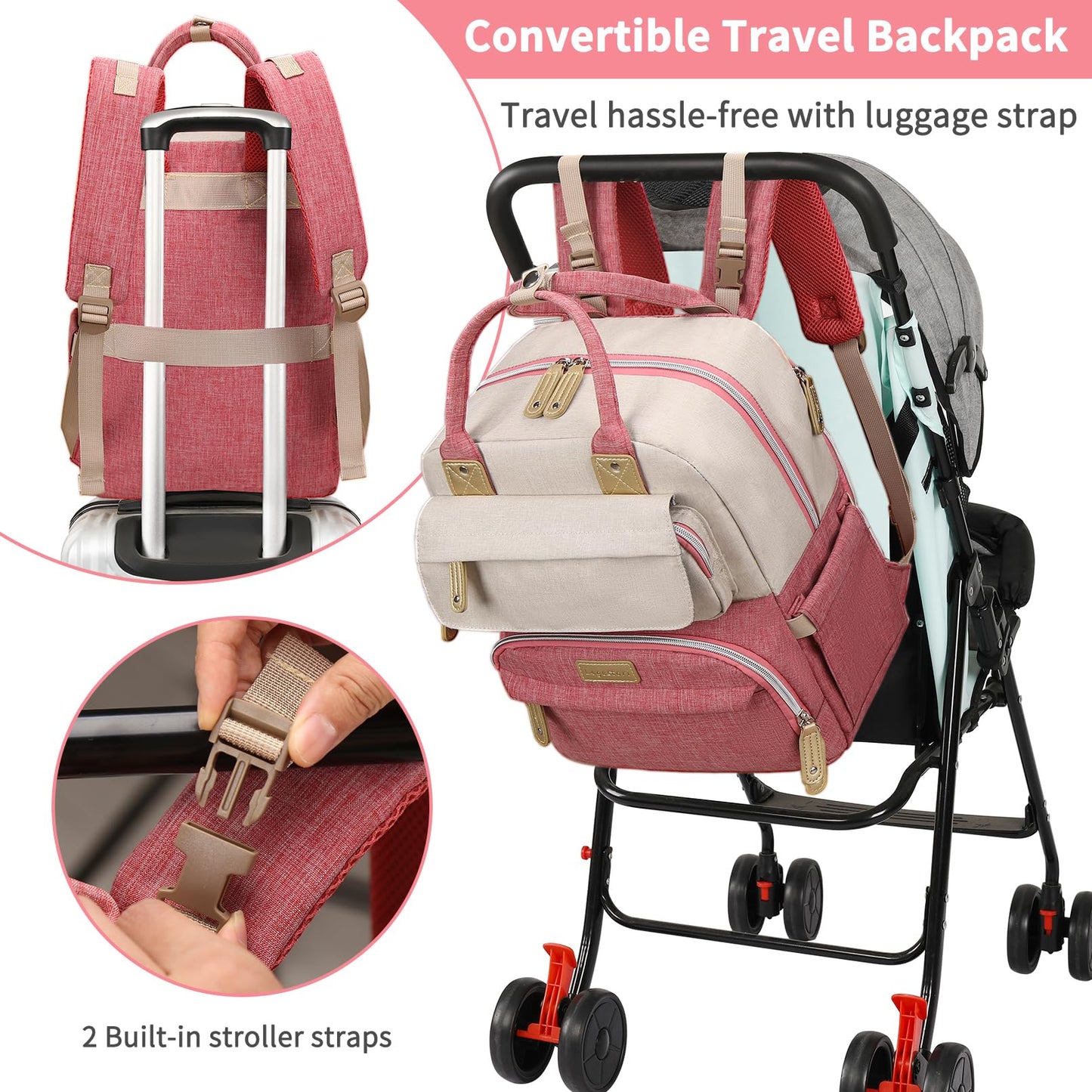 Diaper Bag Backpack, Baby Girl Diaper Bag for Mom, Large Pink Floral Diaper Bag Backpack for Girls, Waterproof Mom Backpack for Work Travel Holiday with Insulated Pockets and Stroller Straps