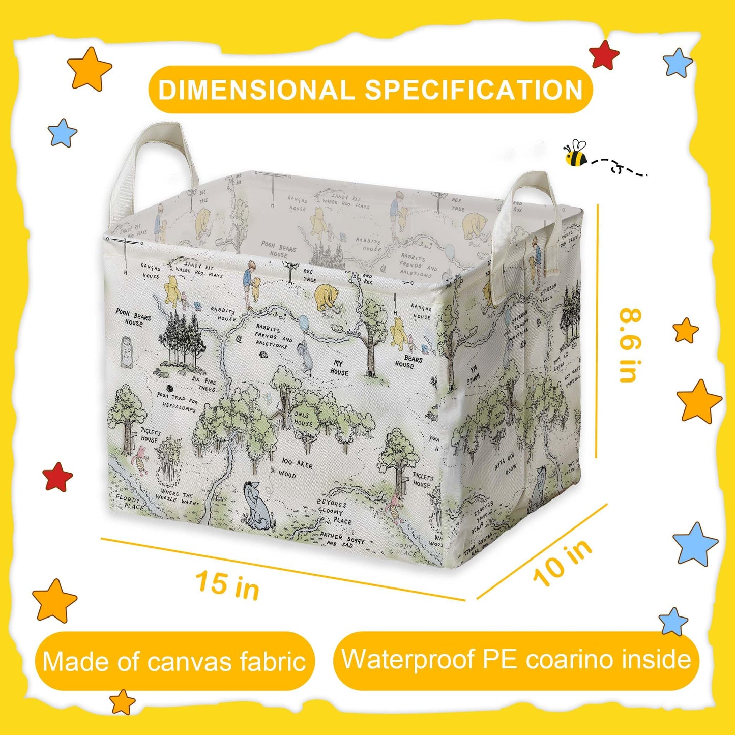 Winnie Nursery Decor, the Pooh Baby Stuff, Winnie Storage Nursery Basket, Large squarecanvas Laundry Hamper With A Waterproof PECoating, Foldable, Toys Bin, Baby Nursery HamperDecor, Star