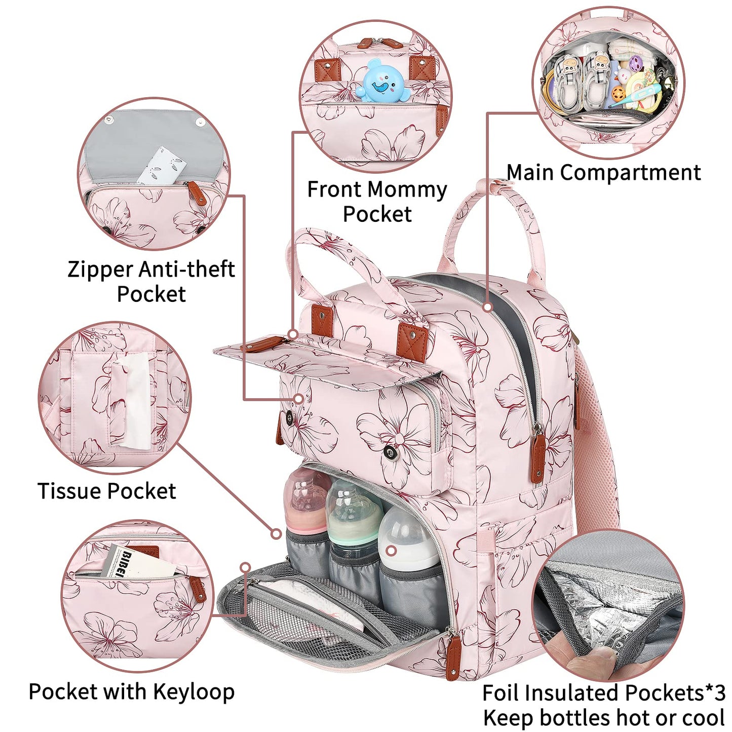 Diaper Bag Backpack, Baby Girl Diaper Bag for Mom, Large Pink Floral Diaper Bag Backpack for Girls, Waterproof Mom Backpack for Work Travel Holiday with Insulated Pockets and Stroller Straps