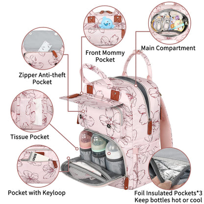 Diaper Bag Backpack, Baby Girl Diaper Bag for Mom, Large Pink Floral Diaper Bag Backpack for Girls, Waterproof Mom Backpack for Work Travel Holiday with Insulated Pockets and Stroller Straps
