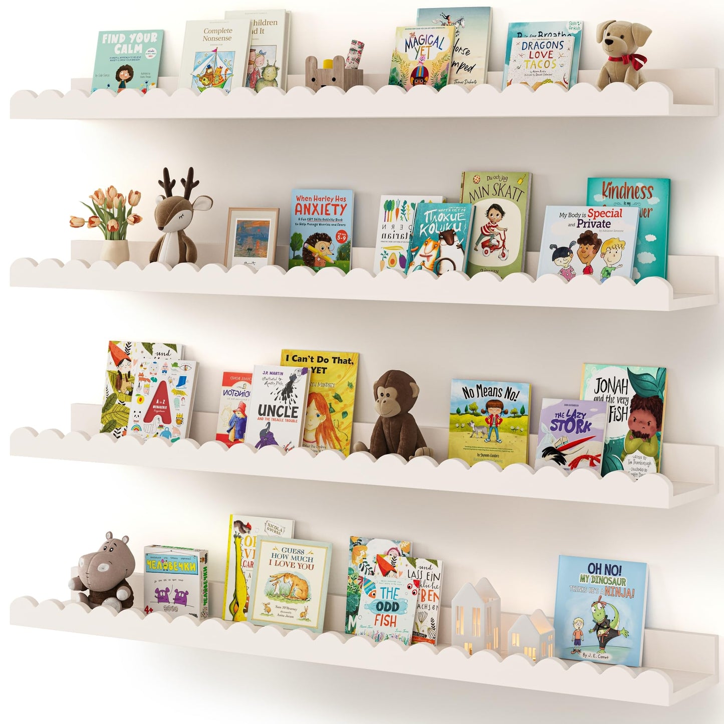 Shario Nursery Book Shelves, 4-Pack White Floating Shelves for Wall Kids, Scalloped Shelves, Wall Book Shelves for Bedroom Kids, Toddler Room, Baby Room, Nursery Decor