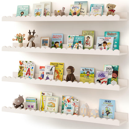 Shario Nursery Book Shelves, 4-Pack White Floating Shelves for Wall Kids, Scalloped Shelves, Wall Book Shelves for Bedroom Kids, Toddler Room, Baby Room, Nursery Decor