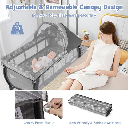 BABY JOY 4 in 1 Pack and Play with Canopy, Portable Baby Playard with Bassinet, Double-Layer Baby Crib, Wheels & Brake, Foldable Baby Girl Pink Princess Bassinet from Newborn to Toddler