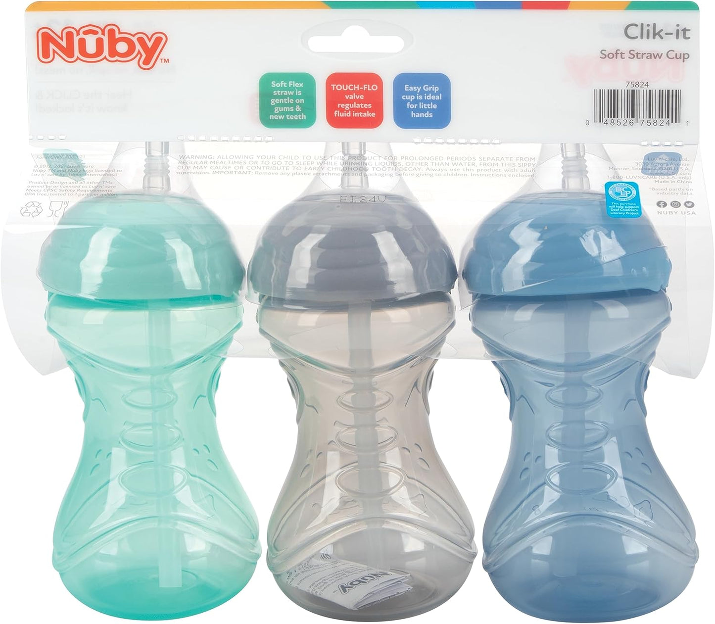 Nuby No-Spill Sippy Cup with Flex Straw - (3-Pack) 10-Ounce Bottles - Sippy Cups for Toddlers 12+ Months - Neutral Color Training Cups for Toddlers