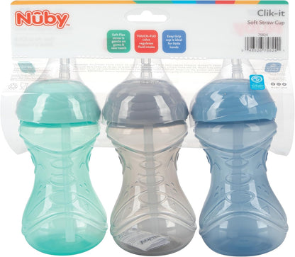 Nuby No-Spill Sippy Cup with Flex Straw - (3-Pack) 10-Ounce Bottles - Sippy Cups for Toddlers 12+ Months - Neutral Color Training Cups for Toddlers