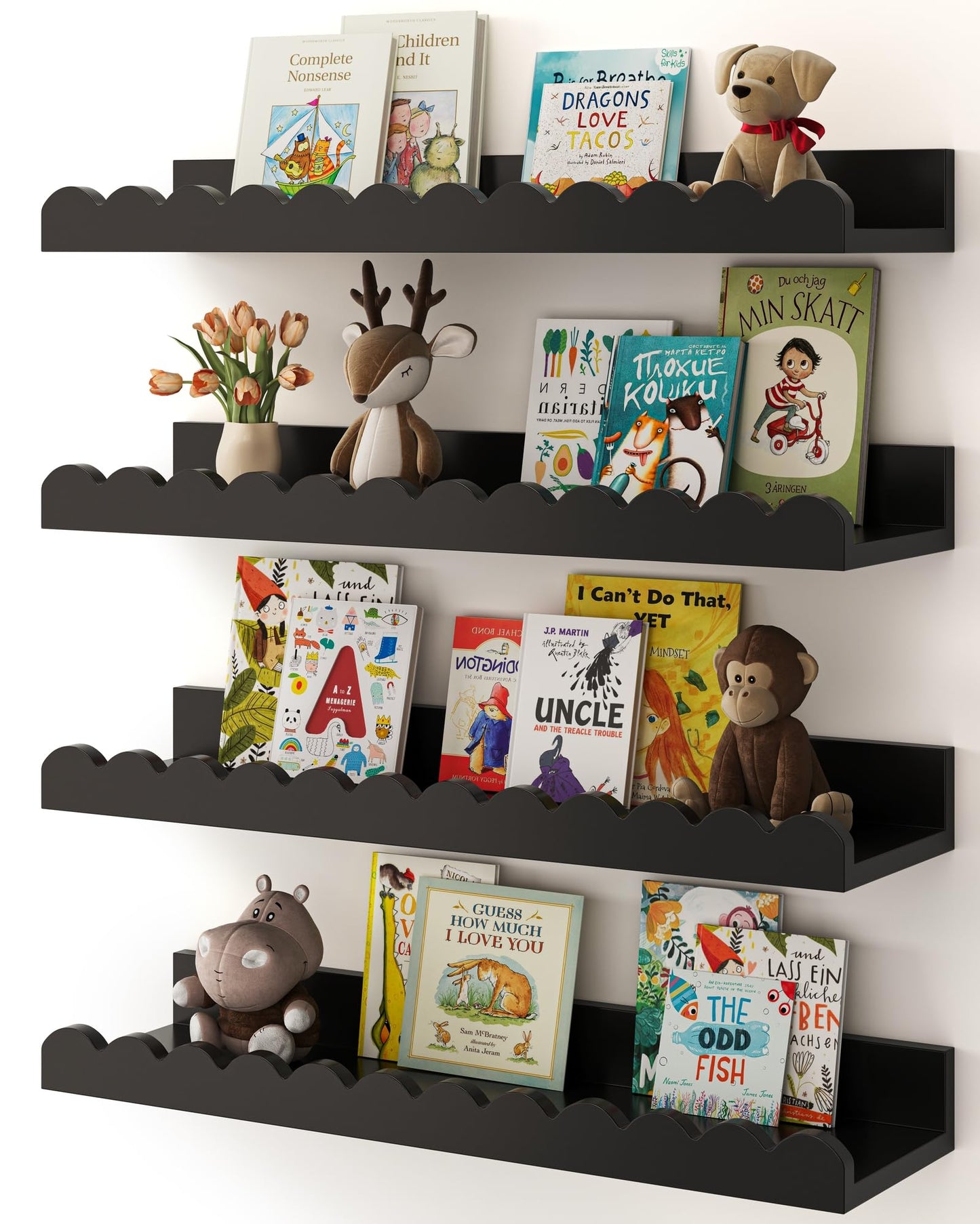 Shario Nursery Book Shelves, 4-Pack White Floating Shelves for Wall Kids, Scalloped Shelves, Wall Book Shelves for Bedroom Kids, Toddler Room, Baby Room, Nursery Decor