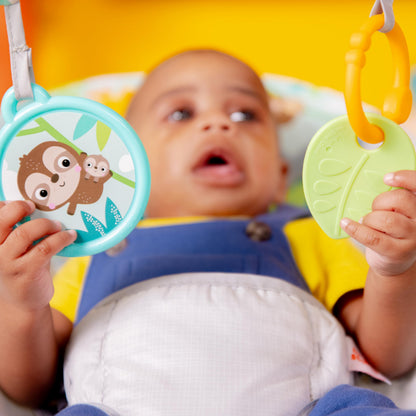 Bright Starts Baby Bouncer Soothing Vibrations Infant Seat - Removable -Toy Bar, Nonslip Feet, 0-6 Months Up to 20 lbs (Safari Fun)