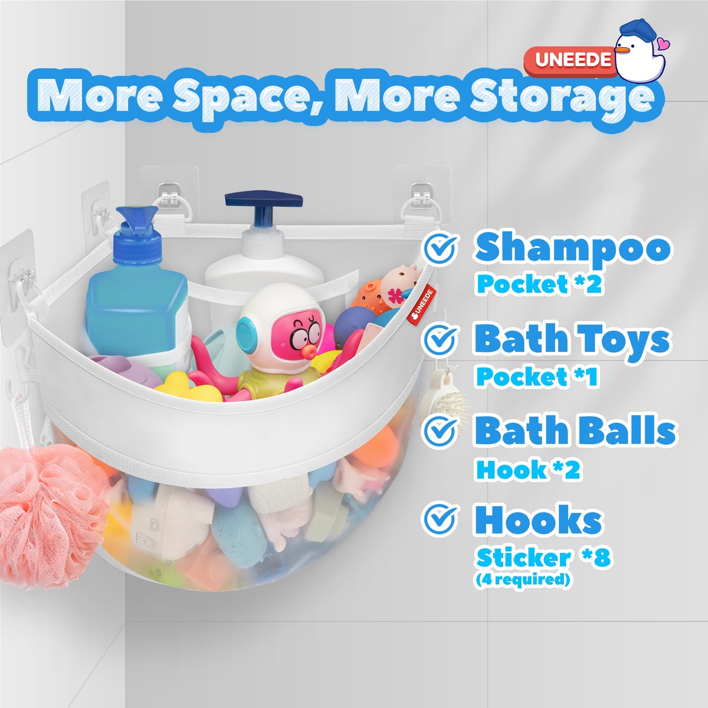 UNEEDE 4.32 Gallons Corner Mounted Bath Toy Storage Holder, Mesh Shower Caddy for Bathtub Organizer, Quick Dry Holder