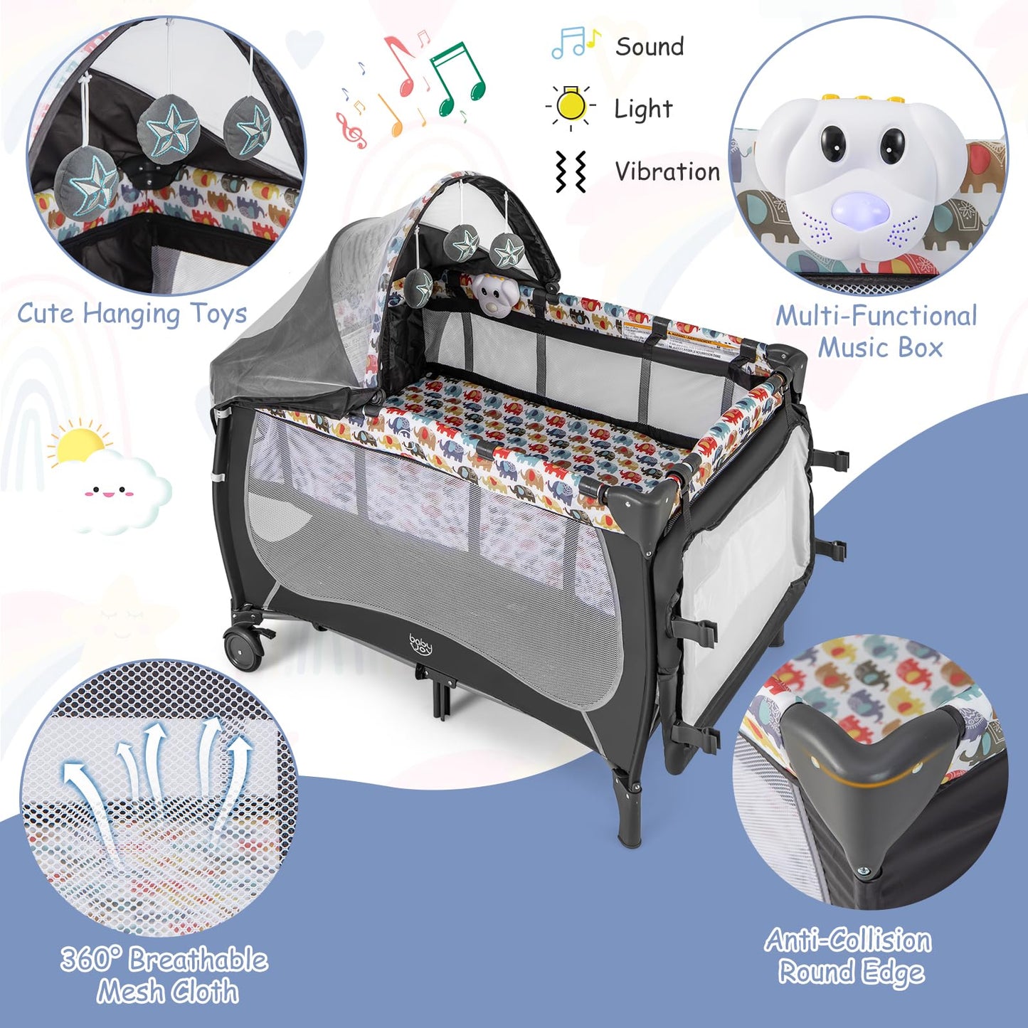 BABY JOY 4 in 1 Pack and Play with Canopy, Portable Baby Playard with Bassinet, Double-Layer Baby Crib, Wheels & Brake, Foldable Baby Girl Pink Princess Bassinet from Newborn to Toddler