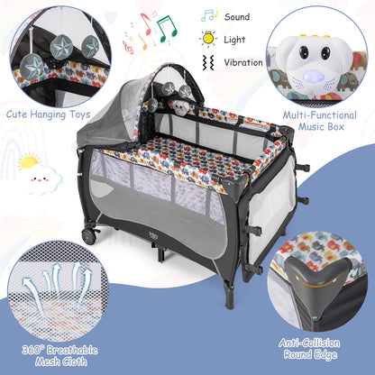 BABY JOY 4 in 1 Pack and Play with Canopy, Portable Baby Playard with Bassinet, Double-Layer Baby Crib, Wheels & Brake, Foldable Baby Girl Pink Princess Bassinet from Newborn to Toddler