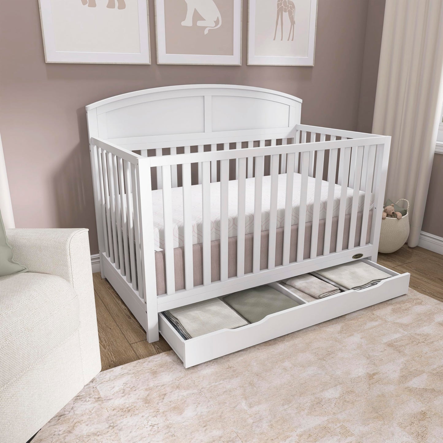 Dream On Me Storybrooke 5-in-1 Convertible Full-Size Crib with Under Drawer, White, GreenGuard Gold & JPMA, Convert to Toddler, Day & Full-Size Bed, 3 Mattress Heights, Sustainable Pinewood