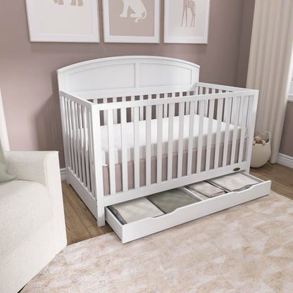 Dream On Me Storybrooke 5-in-1 Convertible Full-Size Crib with Under Drawer, White, GreenGuard Gold & JPMA, Convert to Toddler, Day & Full-Size Bed, 3 Mattress Heights, Sustainable Pinewood