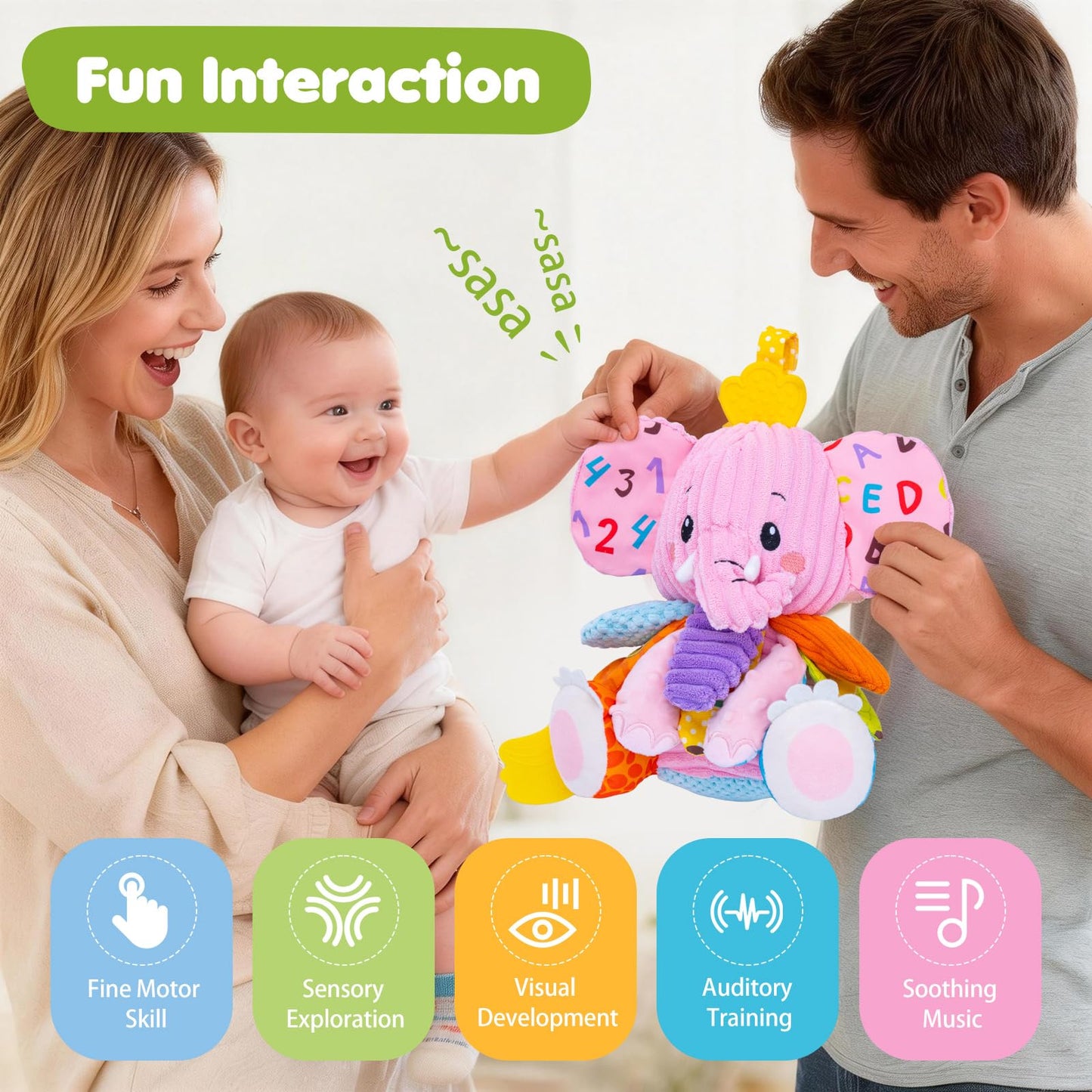 Baby Toys 3-6 Months, Musical Stuffed Elephant Toddler Toy for Newborn Infant 3 6 9 12 Months, Tummy Time Toys Montessori Sensory Toys 0-6 6-12 Months, Crinkle Paper, Mirror Soothing Music Shower Gift