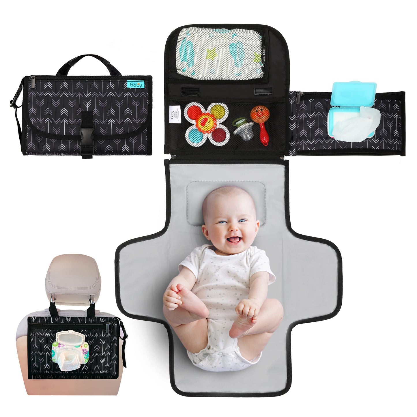 Kopi Baby Portable Diaper Changing Pad - Baby Diaper Changer Travel Bag with Wipes Pocket, Smart Design Portable Changing Mat, Infant Travel Station Kit, Gift for Newborn Girl & Boy - Grey, Classic