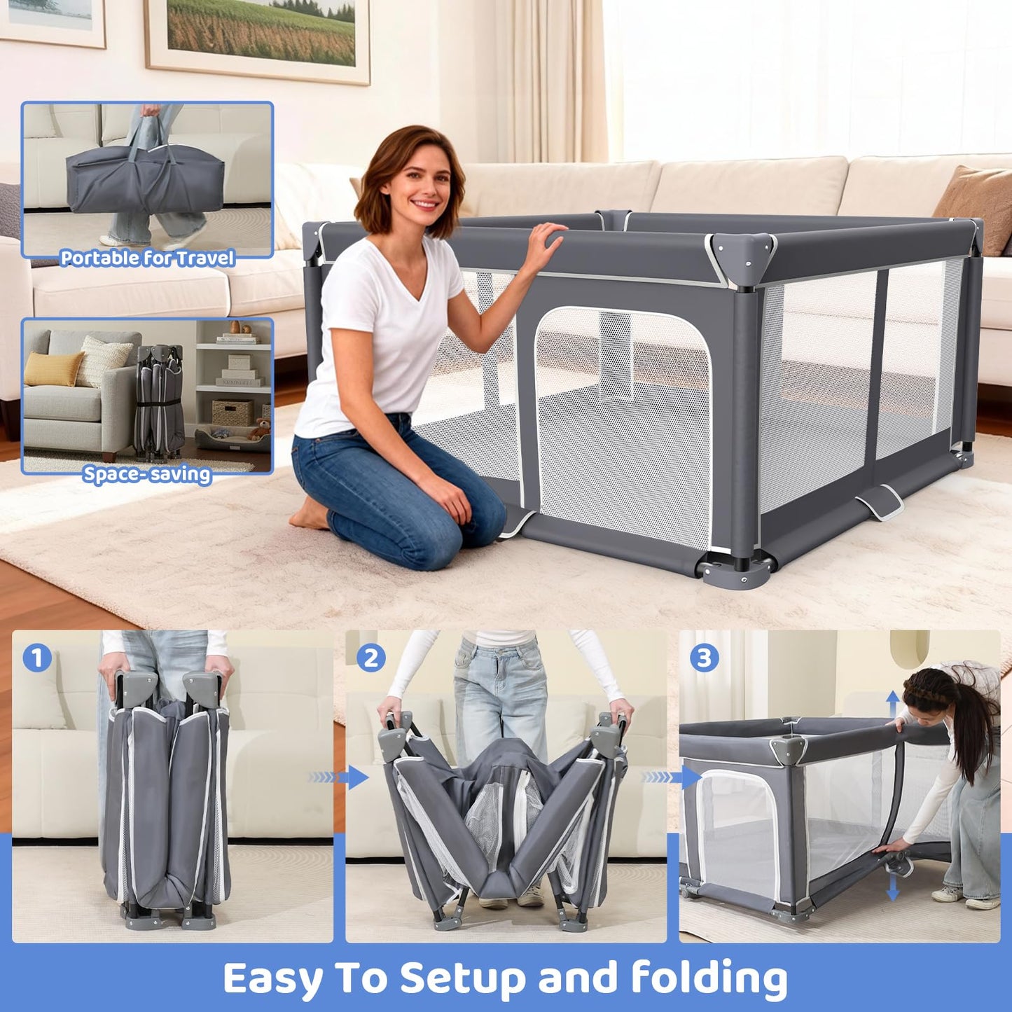 Foldable Baby Playpen - 50"x50" Safety Play Yard for Babies & Toddlers - Indoor & Outdoor Use with Carry Bag - Collapsible, Portable Play Yard, Dark Gray