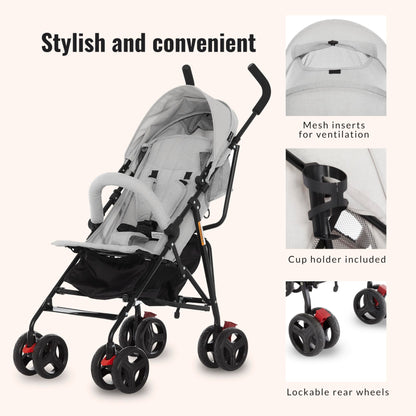 Dream On Me Vista Moonwalk Baby Stroller, Lightweight Travel Umbrella Stroller with Compact Fold, Smooth Ride Wheels, Multi-Position Recline, Spacious Storage Basket with Cup Holder, Light Gray
