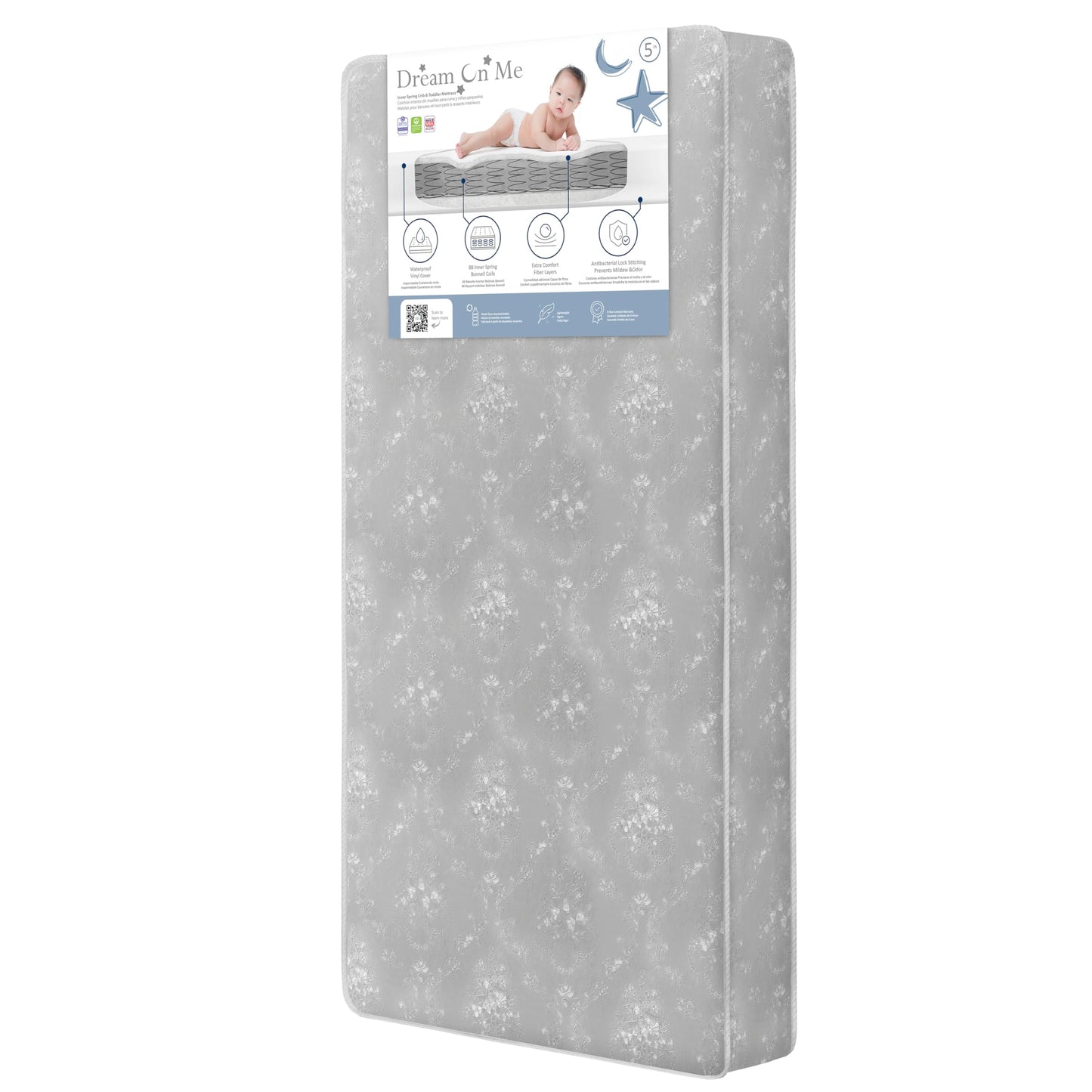 Dream On Me Twilight 5” 88 Coil Inner Spring Crib & Toddler Mattress – Brown Cloud, Greenguard Gold & BSA Certified, Waterproof & Stain-Resistant Cover, Fits Standard Full-Size Cribs & Toddler Beds
