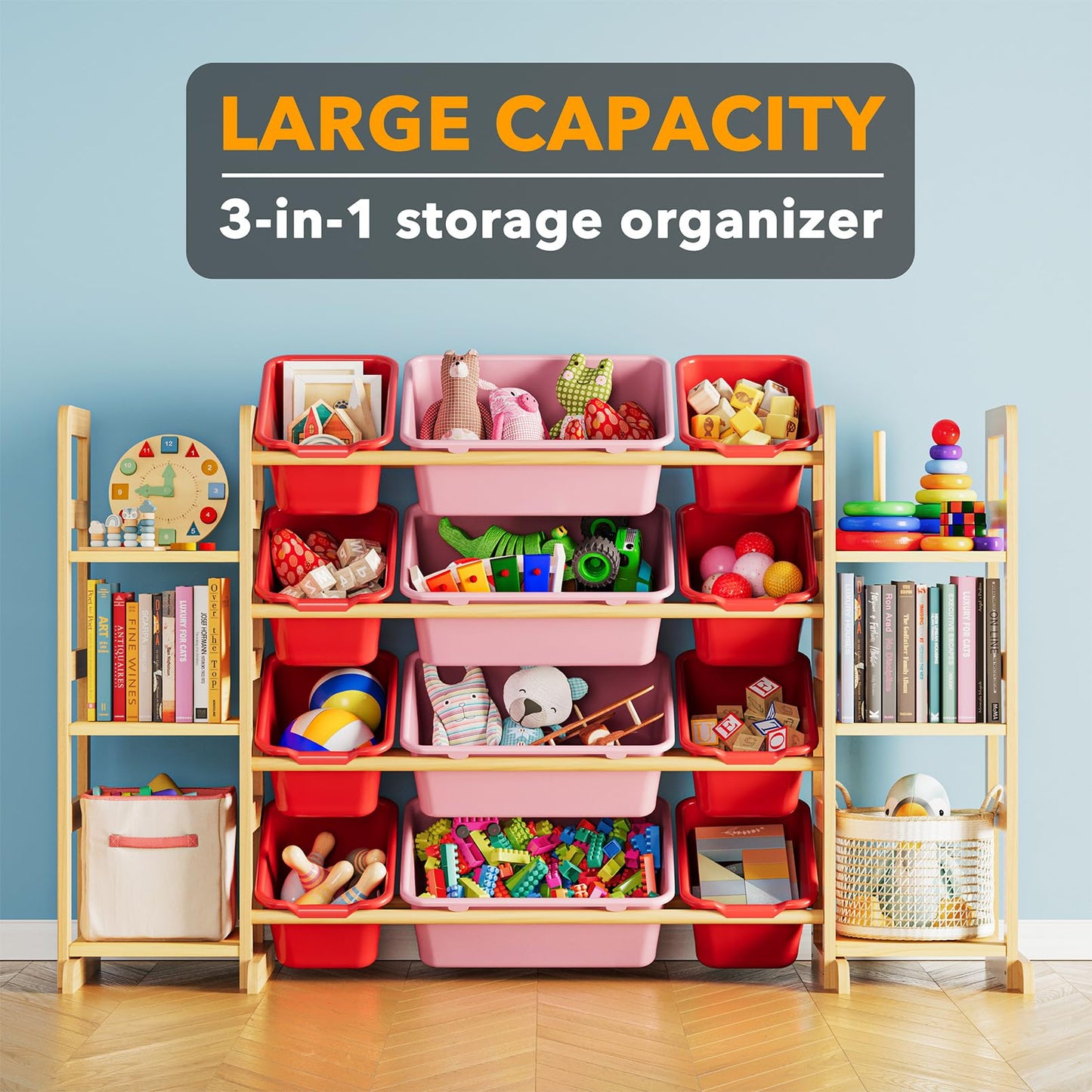 SpaceAid Toy Storage Organizer with 6 Shelves and 12 Bins, Bookshelf/Bookcase, Kids Bin Shelf, Toys Box for Playroom Organization for Bedroom & Room Decor, White, 52.3" W