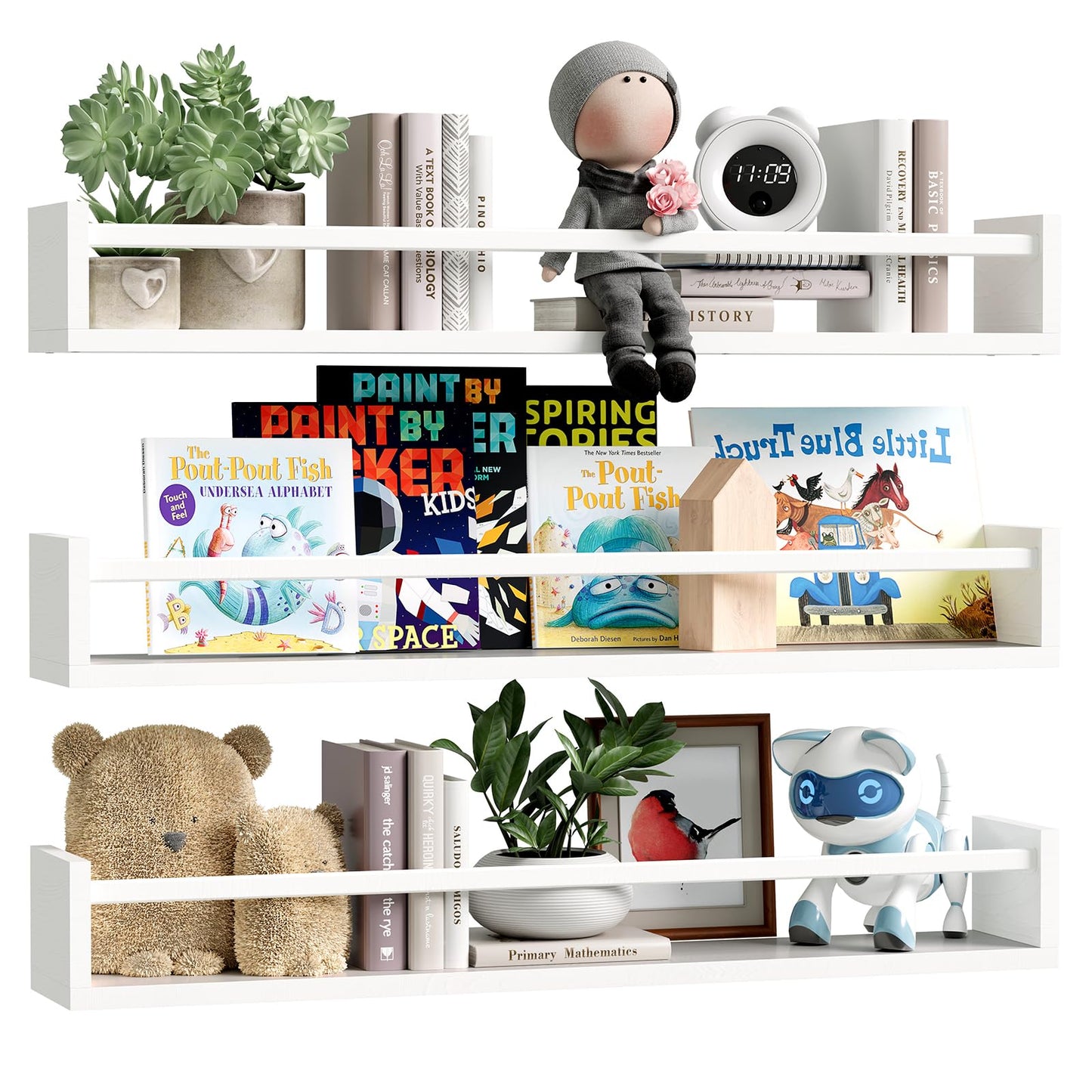 Fixwal Nursery Book Shelves, 16.5 Inch Floating Bookshelves for Wall Set of 3, Baby Nursery Decor, Solid Wood Wall Mounted Shelves for Books, Toys and Decor Storage (Brown)