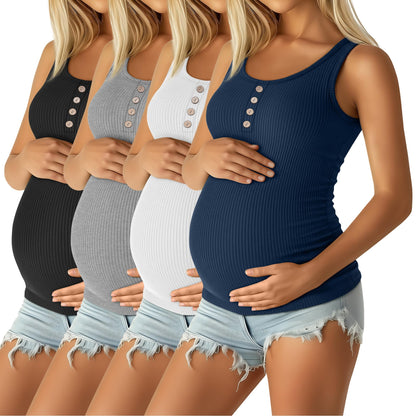 4 Pack Women's Maternity Tank Tops Henley Cotton Scoop Neck Shirt Ribbed Side Ruched Sleeveless Pregnancy Clothes
