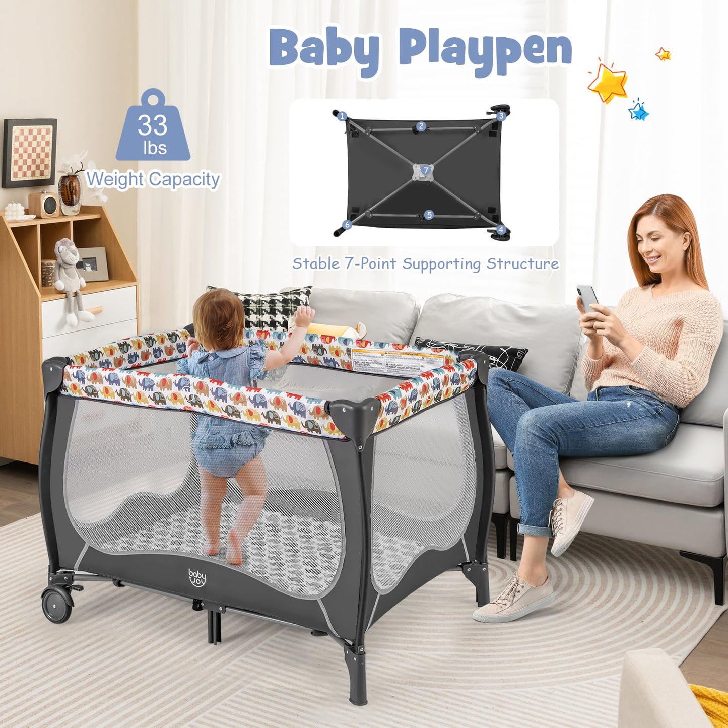 BABY JOY 4 in 1 Pack and Play with Canopy, Portable Baby Playard with Bassinet, Double-Layer Baby Crib, Wheels & Brake, Foldable Baby Girl Pink Princess Bassinet from Newborn to Toddler