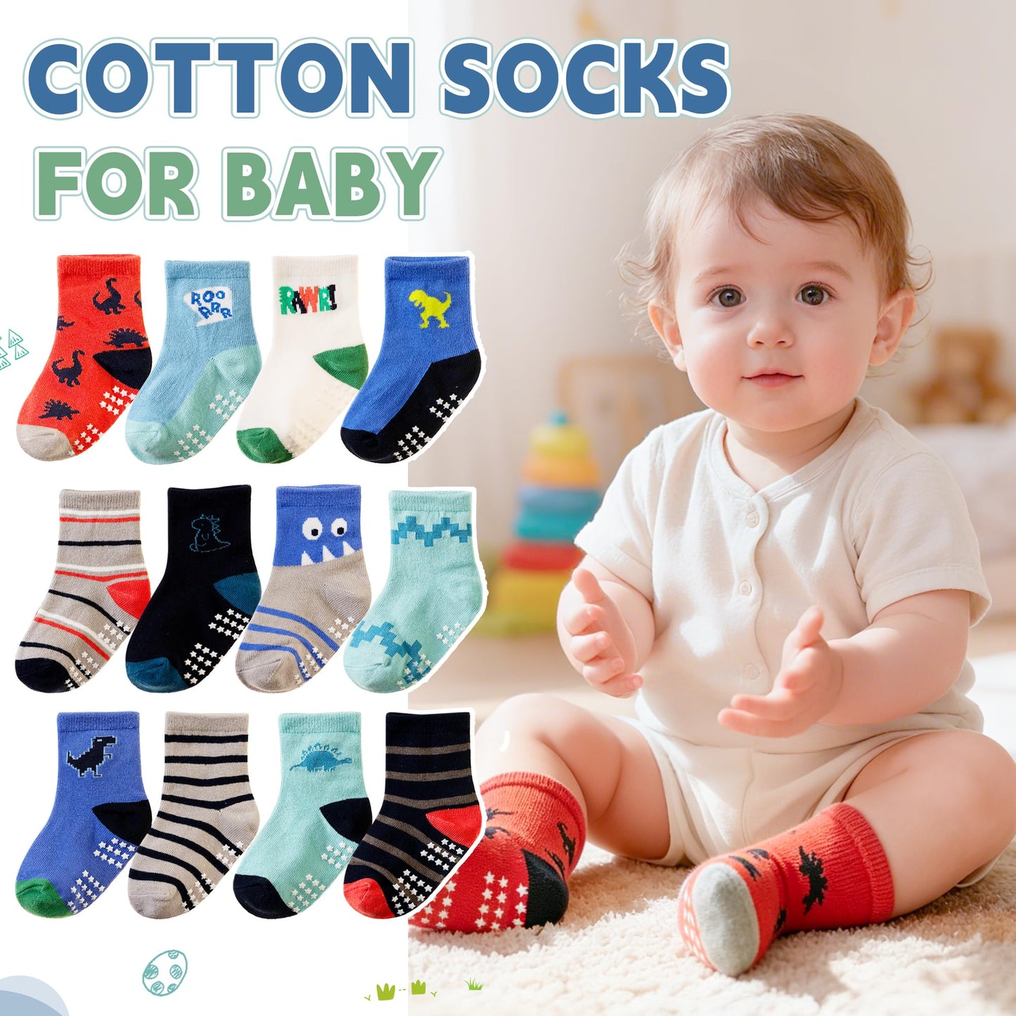 Toddler Non Slip Grips Socks Kids Anti Skid Baby Boys Girls Cotton Crew Socks 12 Pairs