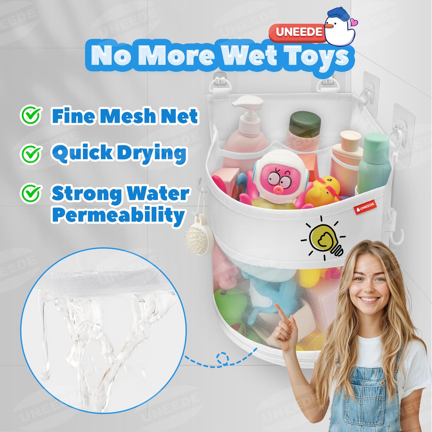 UNEEDE 4.32 Gallons Corner Mounted Bath Toy Storage Holder, Mesh Shower Caddy for Bathtub Organizer, Quick Dry Holder