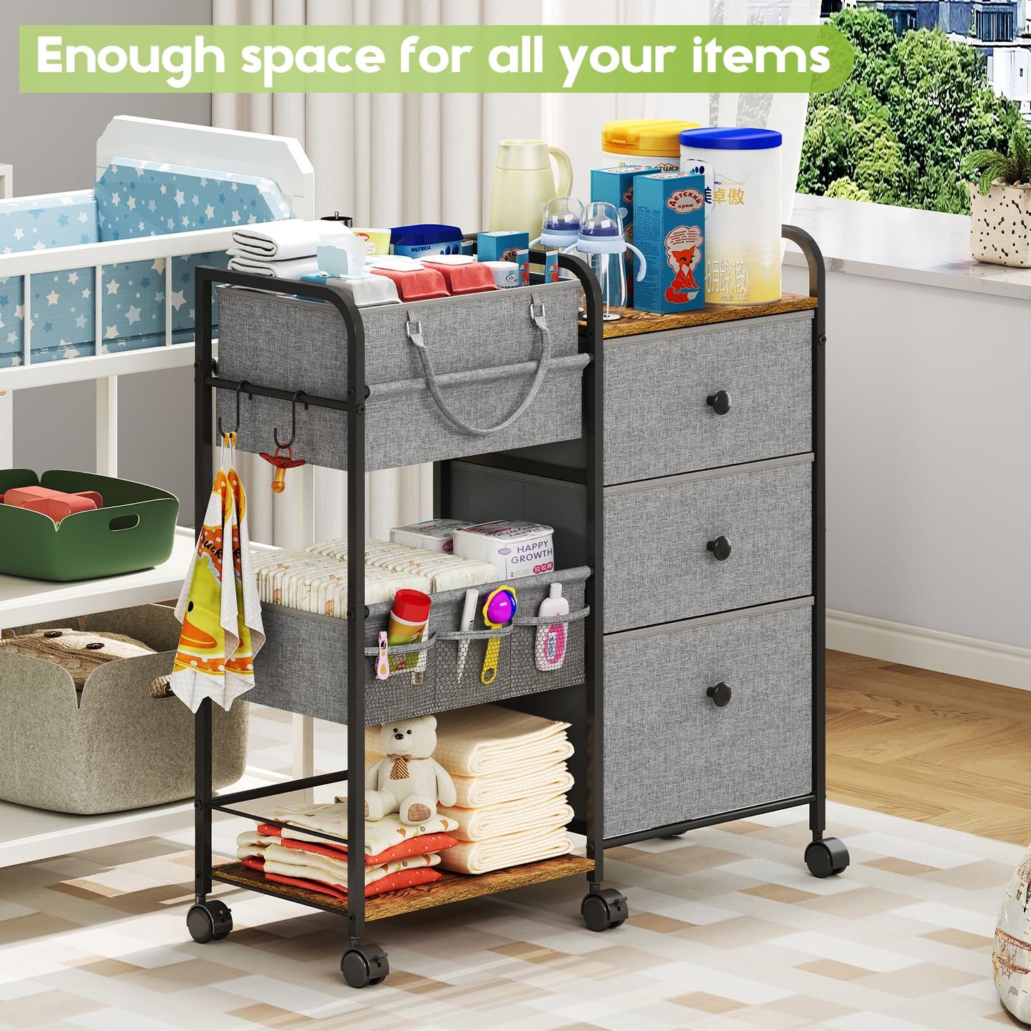 Cidaziya 2In1 Baby Diaper Caddy Organizers and Storage, 3 Tier Rolling Cart with Dividers and Drawers, Mobile Utility Cart Baby Dresser Clothes Organizer for Changing Table, Crib Nursery, Bedroom
