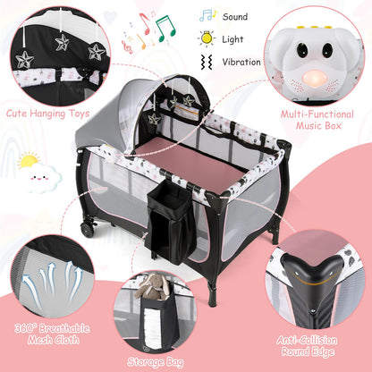 BABY JOY 4 in 1 Pack and Play with Canopy, Portable Baby Playard with Bassinet, Double-Layer Baby Crib, Wheels & Brake, Foldable Baby Girl Pink Princess Bassinet from Newborn to Toddler