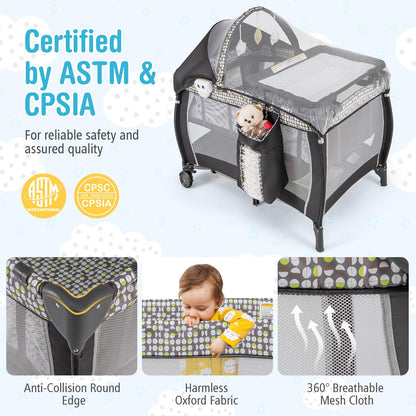 BABY JOY 4 in 1 Pack and Play with Canopy, Portable Baby Playard with Bassinet, Double-Layer Baby Crib, Wheels & Brake, Foldable Baby Girl Pink Princess Bassinet from Newborn to Toddler