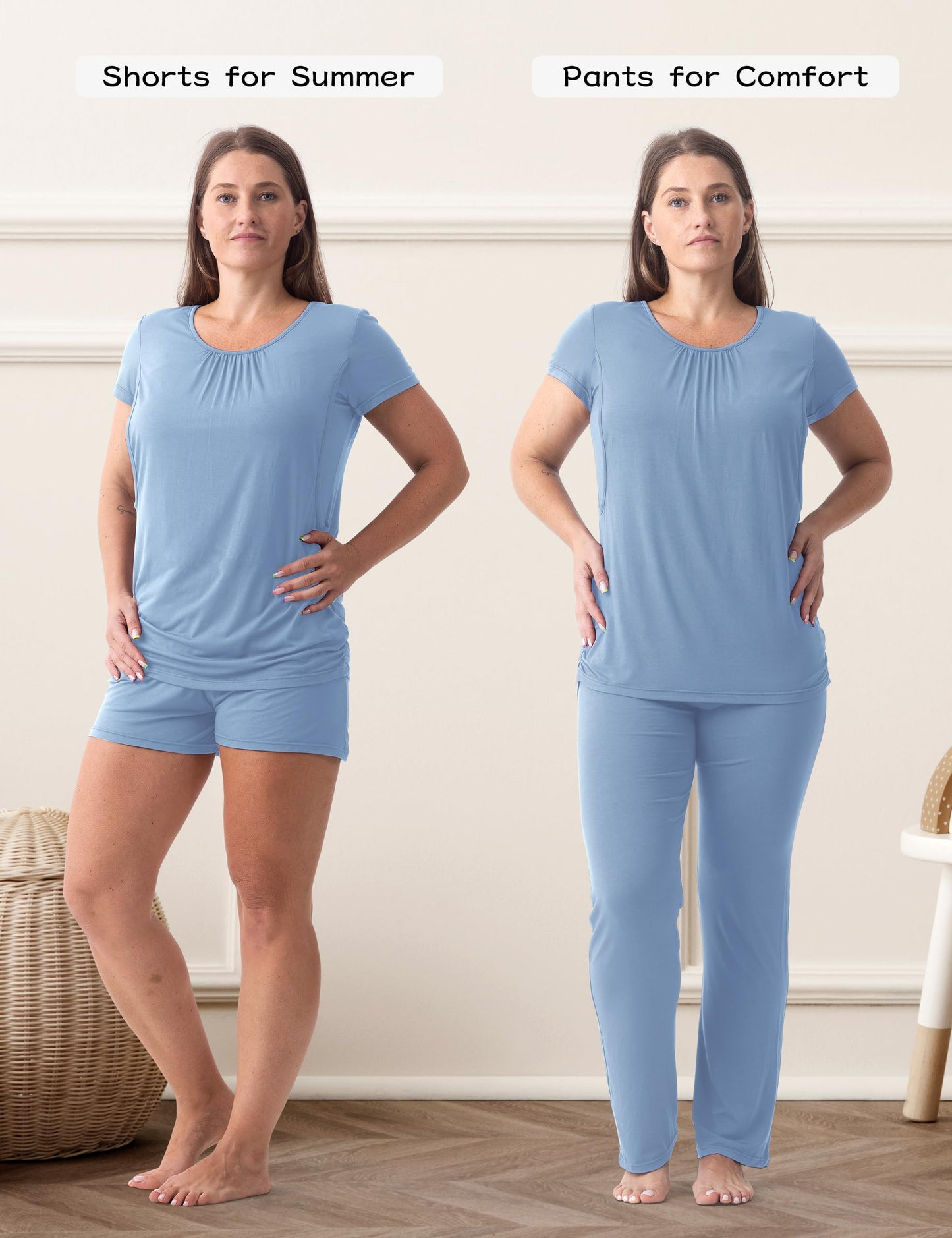 SUNNYBUY Womens Maternity Nursing Pajamas Set, Short Sleeve Breastfeeding Shirts，Pregnancy Shorts & Pants 3 Piece Nursing PJS