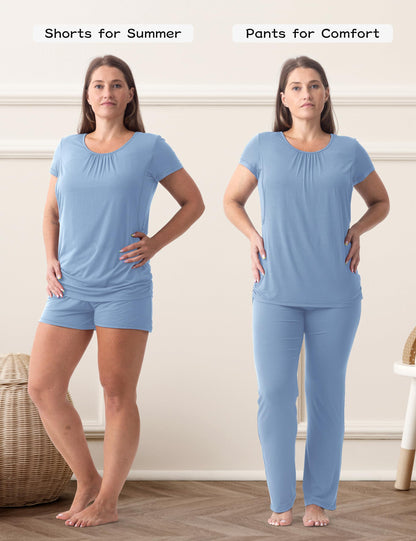 SUNNYBUY Womens Maternity Nursing Pajamas Set, Short Sleeve Breastfeeding Shirts，Pregnancy Shorts & Pants 3 Piece Nursing PJS