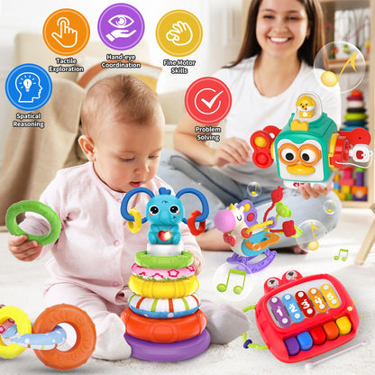 usrela 4 in 1 Baby Toys for 6 12 18 Month, Learning Toys for Babies 6-12 Months, Busy Cube, Stacking Sorter, Piano Xylophone Pull String Travel Toy, Birthday Gifts for Toddlers 1 2 Years Old