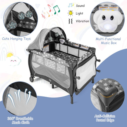 BABY JOY 4 in 1 Pack and Play with Canopy, Portable Baby Playard with Bassinet, Double-Layer Baby Crib, Wheels & Brake, Foldable Baby Girl Pink Princess Bassinet from Newborn to Toddler