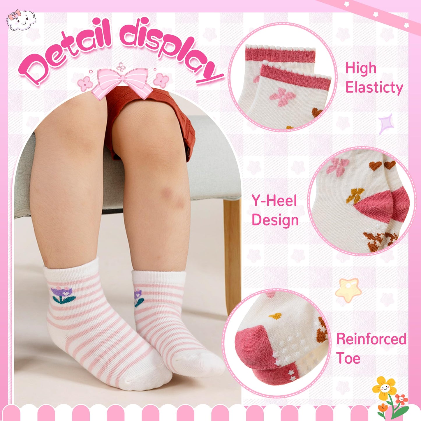 Toddler Non Slip Grips Socks Kids Anti Skid Baby Boys Girls Cotton Crew Socks 12 Pairs